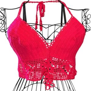 Handmade Crochet Halter Crop Top – Hot Pink